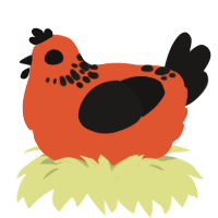 A vermilion and sable chicken with a neck-speckle pattern