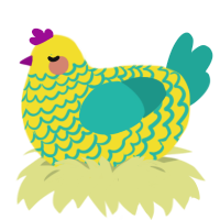 A yellow and turquoise chicken with a lace pattern