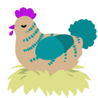 A beige and teal chicken with a half-bar pattern