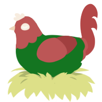 A leaf and red chicken with a head pattern