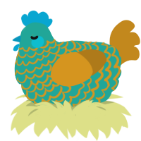 A turquoise and ochre chicken with a lace pattern