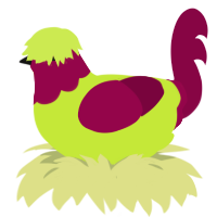 A lime and maroon chicken with a head pattern