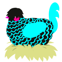 neon sign, a black and teal chicken with a lace pattern