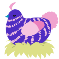 A indigo and pink chicken with a bar pattern