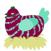 A maroon and mint chicken with a bar pattern