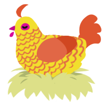 Nia, a yellow and vermilion chicken with a lace pattern