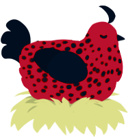 Bella Goth, a vermilion and black chicken with a speckle pattern