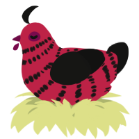 A crimson and black chicken with a bar pattern