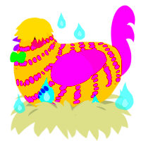 Sparkledog, a gold and fuchsia chicken with a bar pattern