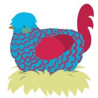 A cerulean and crimson chicken with a lace pattern