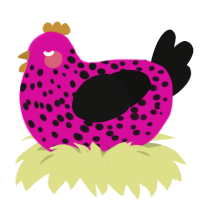 A fuchsia and black chicken with a speckle pattern
