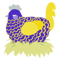 A indigo and yellow chicken with a lace pattern