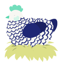 A white and navy chicken with a lace pattern