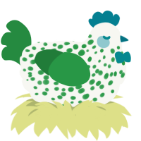 A white and viridian chicken with a speckle pattern