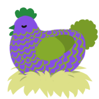 A blurple and chartreuse chicken with a lace pattern