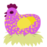 A orchid and yellow chicken with a speckle pattern