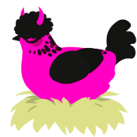 Spoon, a fuchsia and black chicken with a neck-speckle pattern