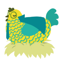 dr calypso, a yellow and turquoise chicken with a lace pattern