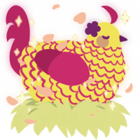 A yellow and fuchsia chicken with a lace pattern