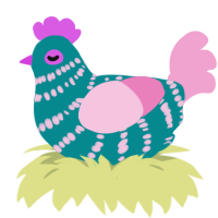 A teal and pink chicken with a bar pattern