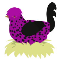 A plum and black chicken with a speckle pattern