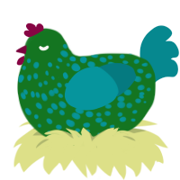 A leaf and teal chicken with a speckle pattern