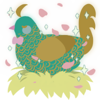 monet, a turquoise and gold chicken with a double-lace pattern