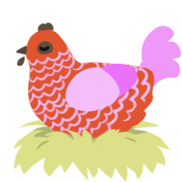 A vermilion and lavender chicken with a lace pattern