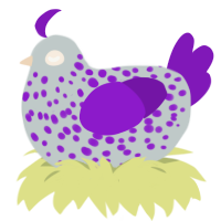 A silver and violet chicken with a speckle pattern