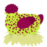 A lime and maroon chicken with a speckle pattern