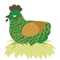 Clover, a viridian and gold chicken with a lace pattern
