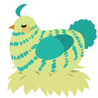 A lemon and turquoise chicken with a bar pattern