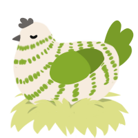 A cream and chartreuse chicken with a bar pattern