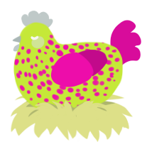 Chick Pea, a lime and fuchsia chicken with a speckle pattern
