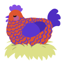 A vermilion and indigo chicken with a lace pattern