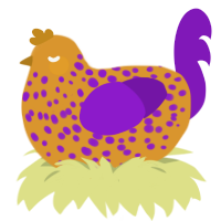 A orange and violet chicken with a speckle pattern