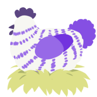 A white and blurple chicken with a bar pattern