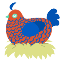 A vermilion and ultramarine chicken with a lace pattern