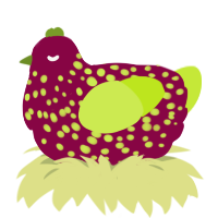 A maroon and lime chicken with a speckle pattern