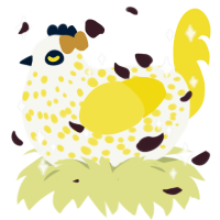 A white and yellow chicken with a speckle pattern
