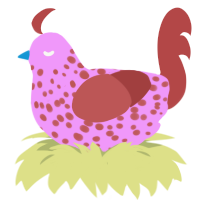 A lavender and red chicken with a speckle pattern