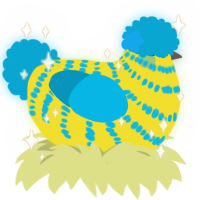 A yellow and cerulean chicken with a bar pattern