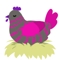 A grey and fuchsia chicken with a bar pattern
