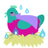 Kumatora, a fuchsia and turquoise chicken with a head pattern