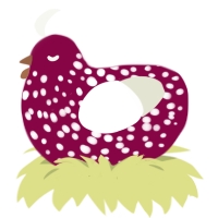 A maroon and white chicken with a speckle pattern