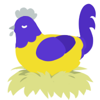 Bruja, a yellow and indigo chicken with a head pattern