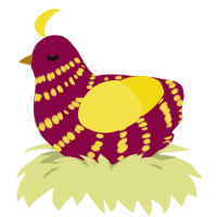 A maroon and yellow chicken with a bar pattern
