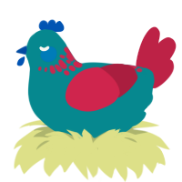 A teal and crimson chicken with a neck-speckle pattern