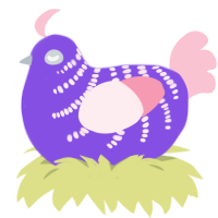 Shelly, a blurple and rose chicken with a half-bar pattern