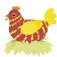 A red and yellow chicken with a bar pattern
